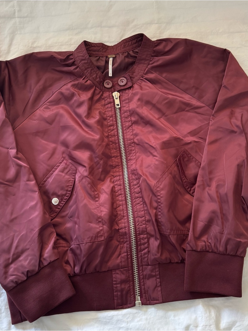 Free People Midnight Bomber Jacket M Medium Maroon Burgundy Satin Full Zip Stain